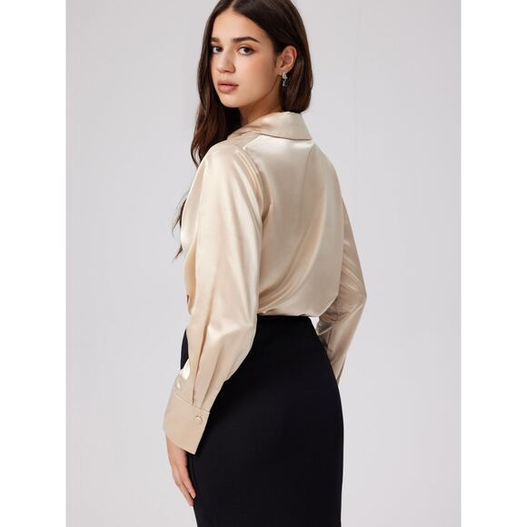 Commense Elegant Satin Old Money Pleated Long Sleeve Blouse Champagne Small - Picture 4 of 6